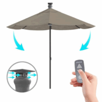 A person uses a remote to operate the Umb-9FT Smart Umbrella-Dove with a central pole on an outdoor patio. An inset shows the umbrella’s top mechanism with blue arrows highlighting its automatic open/close feature.