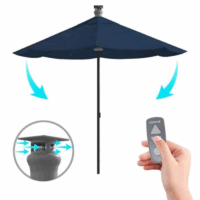 A hand holds a remote, aiming at the Umb-9FT Smart Umbrella-Indigo. An inset highlights the umbrella’s motorized mechanism with blue arrows showing movement.