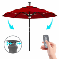 The Umb-9FT Smart Umbrella-Cherry with a black pole is shown. Blue arrows highlight its tilt feature, and an inset shows a close-up of the tilt mechanism. A hand holds a remote control labeled above.