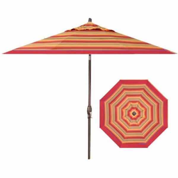 The 9 Octagon Umbrella - Red & Astoria Sunset Stripe features vibrant red, orange, and yellow stripes. Shown open from the side and in a top-down view highlighting its bold striped pattern. Ideal for outdoor patios.