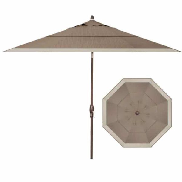 The 11 Octagon Umbrella - Ridge Canyon & Ridge Beach is a large, tan outdoor umbrella with a central pole and an eight-panel canopy, shown from the side and above.