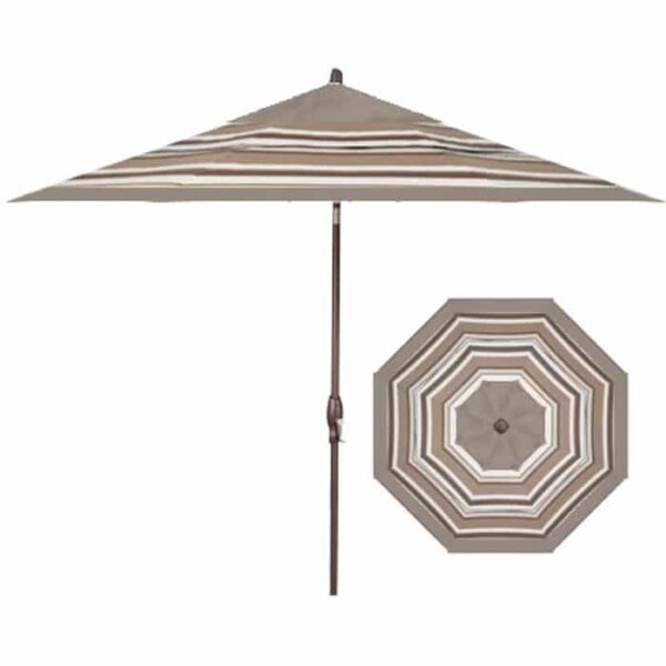 The 11 Octagon Umbrella - Taupe & Sahara Stripe features a brown pole and a canopy with concentric tan, brown, and white stripes, shown from the side and above.