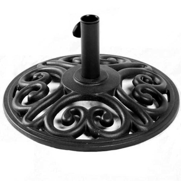 The Medici Umbrella Base - Black features ornate metal scrollwork in a circular design and a central vertical tube to securely hold your umbrella pole.