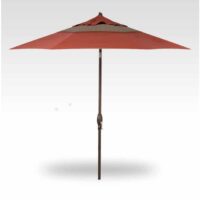 The 9 Octagon Market - Ridge Canyon & Ridge Sequoia is a red patio umbrella with a vented canopy and dark central pole, standing upright against a plain light gray background.