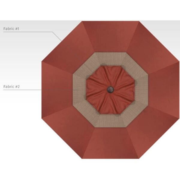 Top-down view of the 9 Octagon Market - Ridge Canyon & Ridge Sequoia umbrella: outer ring and center in rust red, middle ring in beige, with labels indicating each fabric section.