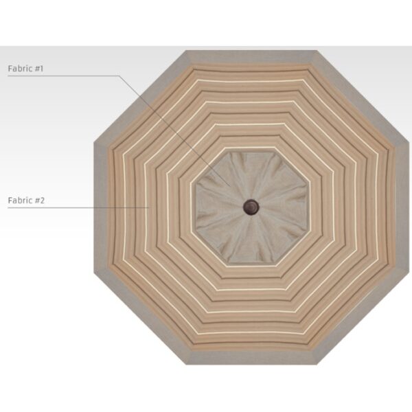 Top view of the Umb-11FT Brz/Hpstripe/Ash patio umbrella, featuring alternating beige and taupe fabric in concentric rings around a dark hub.