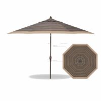The Umbrella 11FT/CCStripe/Hbeige is an outdoor patio umbrella with a wooden pole, shown open from the side and above, featuring a striped pattern in alternating shades of brown.
