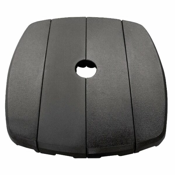 The Resin Umbrella Base - Black is a square, black base with a central circular hole and four distinct sections, designed to securely hold and stabilize your patio umbrella.