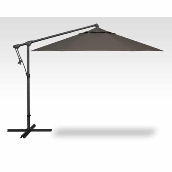 The 10 Octagon Cantilever - Latitude Gray is a large, dark patio umbrella with an adjustable arm and sturdy metal base, shown against a plain light gray background.