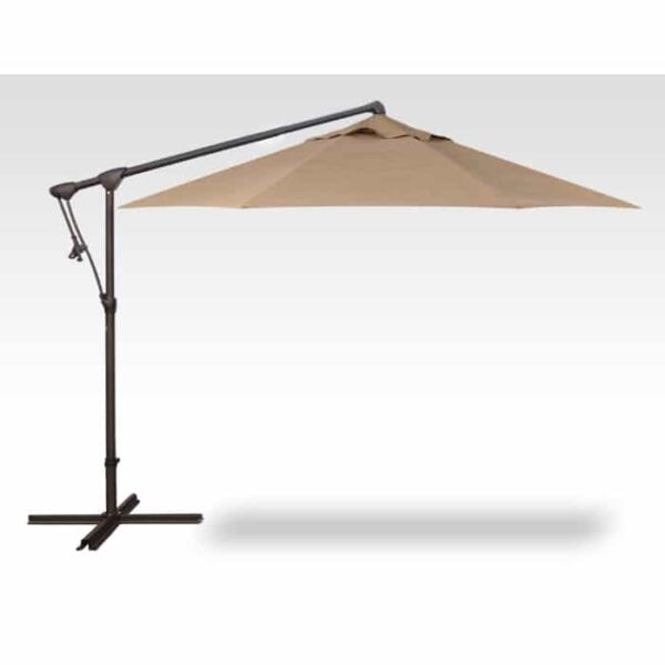The 10 Octagon Cantilever - Sesame is a large beige patio umbrella with a black metal stand and base, featuring an adjustable horizontal arm to support the canopy.