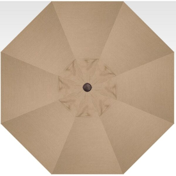 Top view of the 10 Octagon Cantilever - Sesame, a large beige outdoor umbrella with a dark brown central hub and evenly spaced panels.