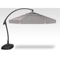 The Cantilever Blk/Boulder 11 patio umbrella features a large gray canopy, a curved black metal pole, and a sturdy base, casting shade on a white background.
