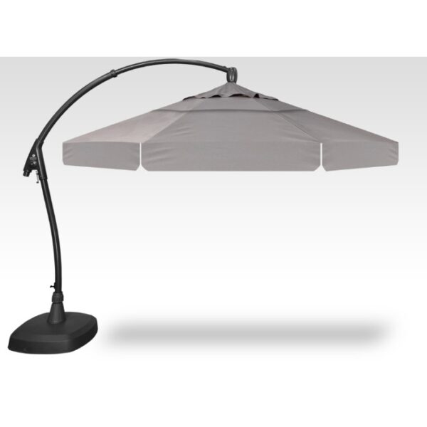 The Cantilever Blk/Boulder 11 patio umbrella features a large gray canopy, a curved black metal pole, and a sturdy base, casting shade on a white background.