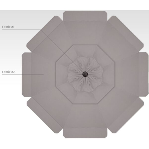 Top view of the Cantilever Blk/Boulder 11 umbrella in gray, featuring an octagonal shape with outer panels labeled Fabric #1 and inner center panels labeled Fabric #2.