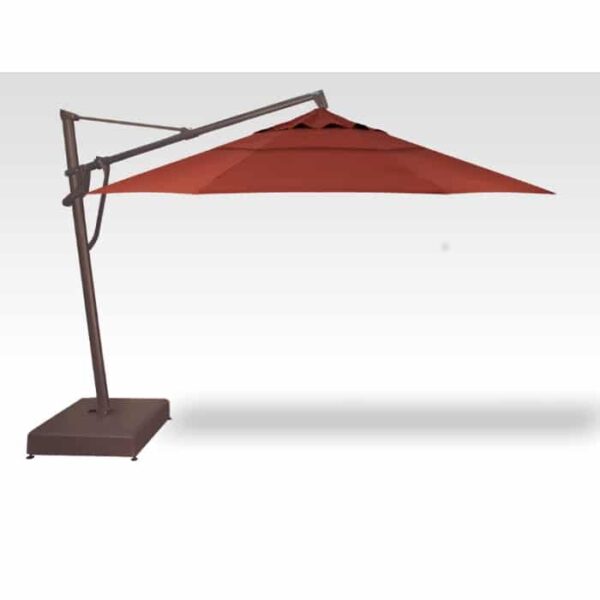 A large, auburn 13 octagon cantilever patio umbrella with a brown base and pole is displayed on a light gray background. The octagonal canopy extends outward, providing shade.