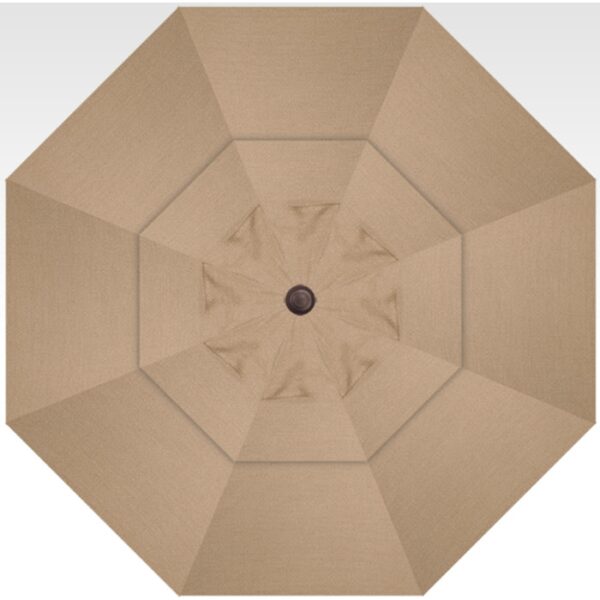 Top view of the Cantilever Brz/Sesame 13, a large beige outdoor patio umbrella with eight fabric panels and a dark center hub.