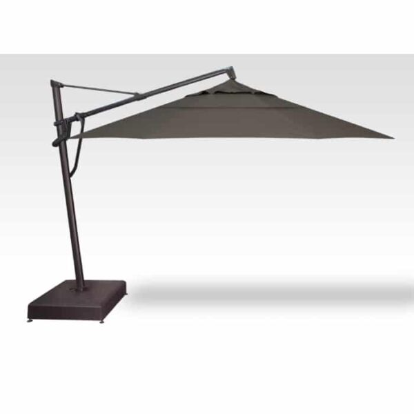 The 13 Octagon Cantilever in Latitude Gray features a large octagonal canopy, supported by a side pole and sturdy base, set against a plain, light background.