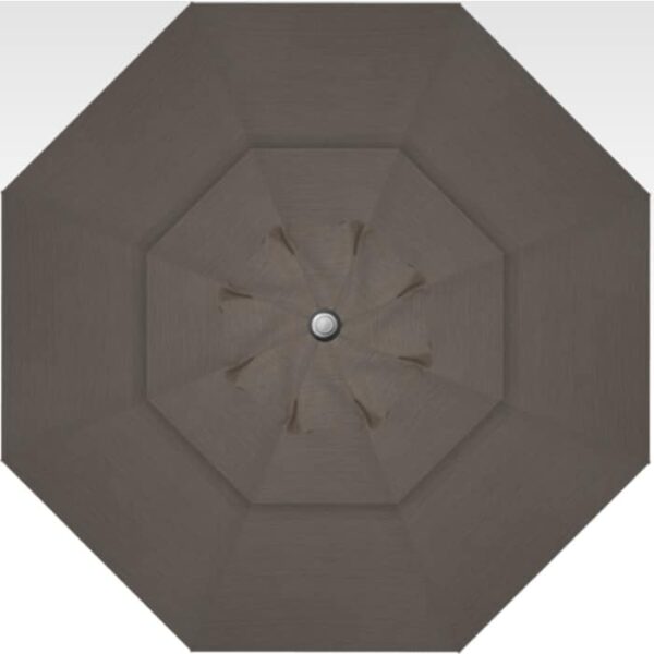 Top view of a closed UMBRELLA Cantilever Bronze/Sesame 11′, octagonal shape, brown fabric with a central silver cap and evenly spaced fabric sections.