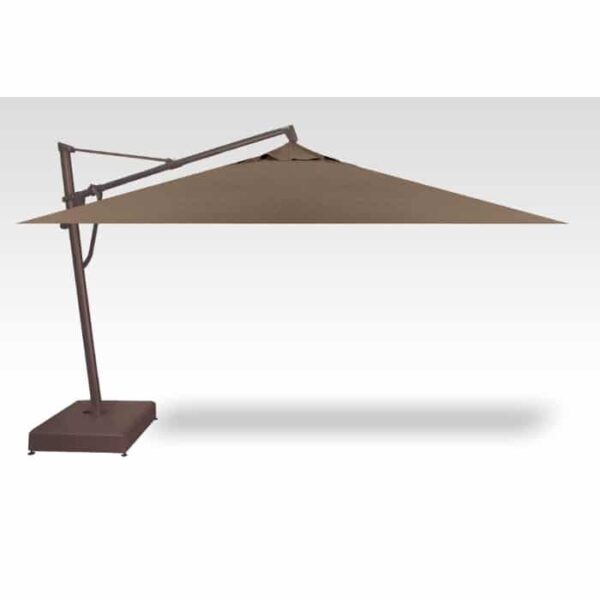 A 10 x 13 Ridge Canyon rectangle cantilever patio umbrella with a metal base and frame stands open on a white background, supported by an offset arm and casting a shadow.