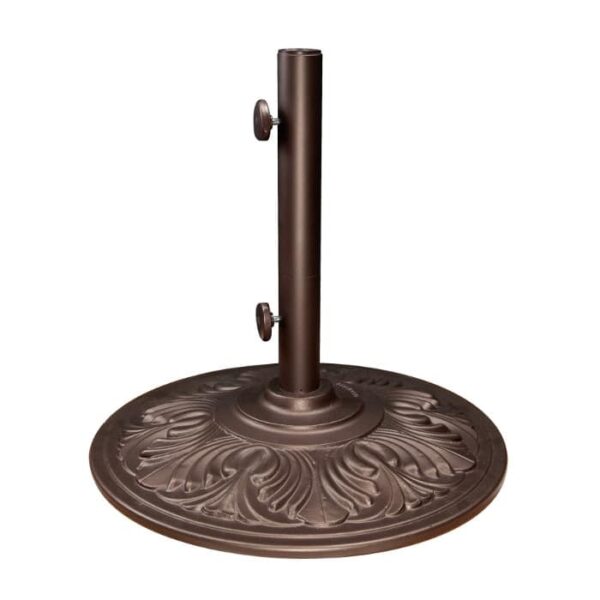 The Art Deco Umbrella Base - Bronze features a bronze finish, ornate leaf patterns, and two side knobs to secure your umbrella pole.