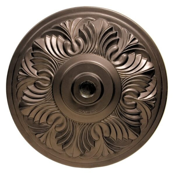 The Art Deco Umbrella Base - Bronze is a decorative circular base with ornate, swirling leaf patterns radiating from the center, perfect for adding a stylish touch to your outdoor space.