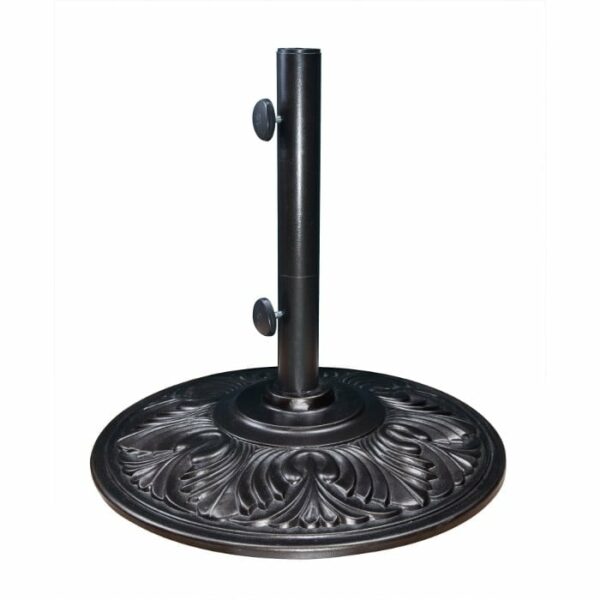 The Art Deco Umbrella Base - Black features decorative leaf-like patterns, sturdy black metal construction, and two tightening knobs on the vertical pole.