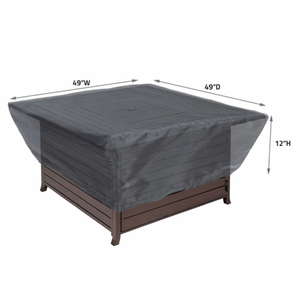 A square outdoor table protected by the Square Fire Pit 42-48 Cover, a fitted, dark-colored cover measuring 49 wide x 49 deep x 12 high, with labeled arrows displaying its dimensions.