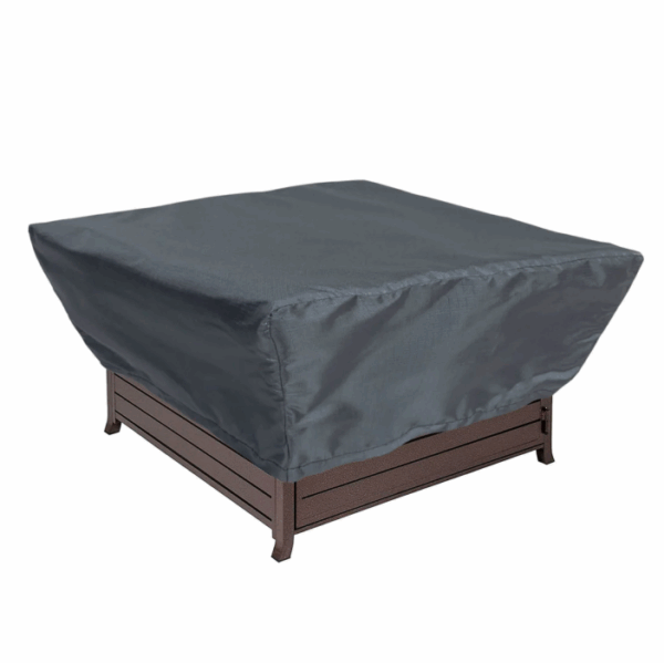 A Square Fire Pit 42-48 Cover in dark gray, fitted over a square outdoor fire pit set on a wooden or metal base.