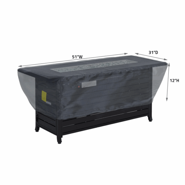 The Rectangle Fire Pit 50x30 Cover is shown covering a black rectangular fire pit with clear protection. Arrows indicate dimensions: 51 wide, 31 deep, and 12 high.