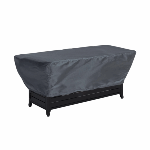 A Rectangle Fire Pit 58x38 Cover in dark gray is shown fitted over a rectangular outdoor fire pit, secured to protect it from weather. Displayed against a plain white background.