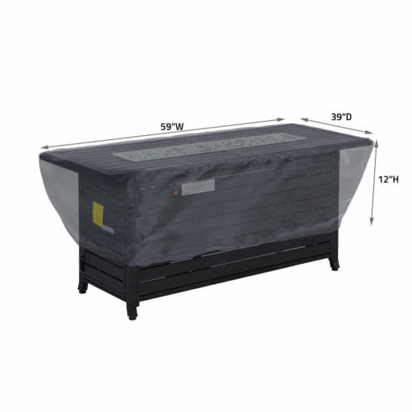 The Rectangle Fire Pit 58x38 Cover is a transparent protective cover for a rectangular black outdoor fire pit, with dimensions of 59 W x 39 D x 12 H.