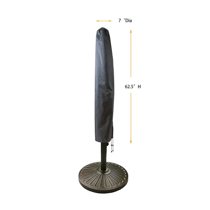 The Umbrella 9 Cover is shown in black on a stand with an orange arrow indicating its 62.5 height and 7 diameter. The round base features a radial pattern.