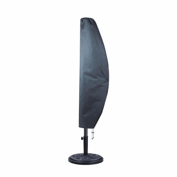 A Cantilever Umbrella 10-11 Cover in dark fabric fits over a tall, closed patio umbrella, which stands upright on a round base against a white background.