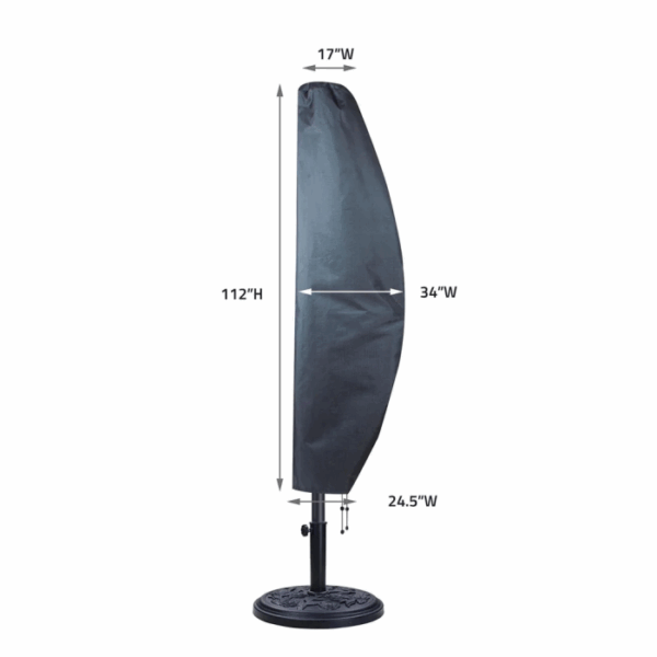A Cantilever Umbrella 10-11 Cover in black fits snugly over a tall outdoor umbrella (112”H, 17” top W, 34” middle W, 24.5” bottom W), standing upright on a round base.