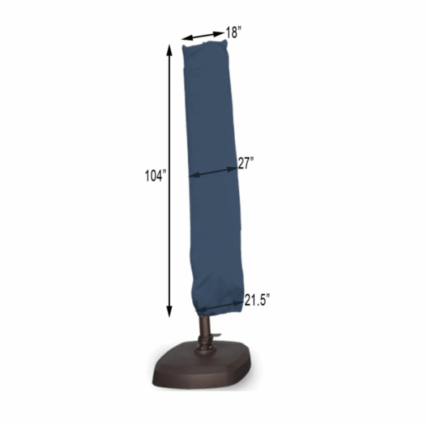 A Cantilever Umbrella 10-13 Cover in blue protects a closed patio umbrella on a brown base, measuring 104 tall, 18 wide at the top, 27 at the middle, and 21.5 at the bottom.