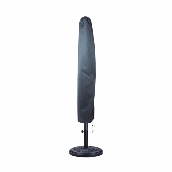 A Rectangle Umbrella 10-13 Cover, fitted over a closed patio umbrella, stands upright on a round decorative base against a plain white background.