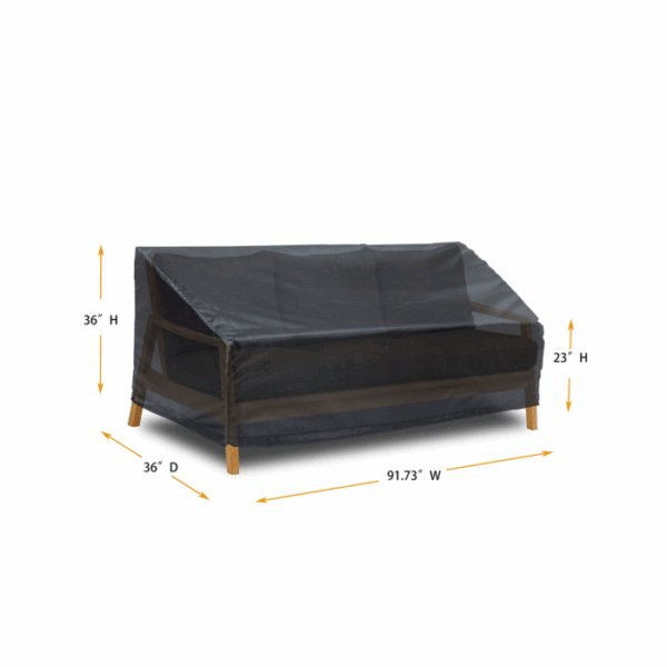 An Extra Wide Sofa Cover in dark color is shown protecting a wooden outdoor sofa. Its dimensions are 36H x 36D x 91.73W, with the armrest height at 23.