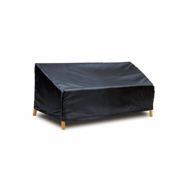 The Extra Wide Sofa Cover in black shields a wooden-frame outdoor sofa from dust and weather. The sofa sits against a plain white background.