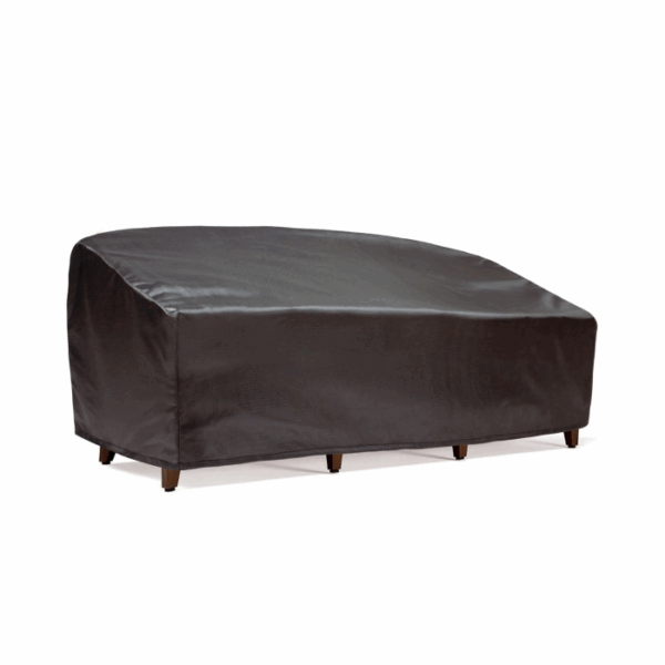 A fitted, dark-colored Sofa Cover protects a rectangular outdoor sofa, draping over it and hiding its details while leaving only the legs visible at the bottom.