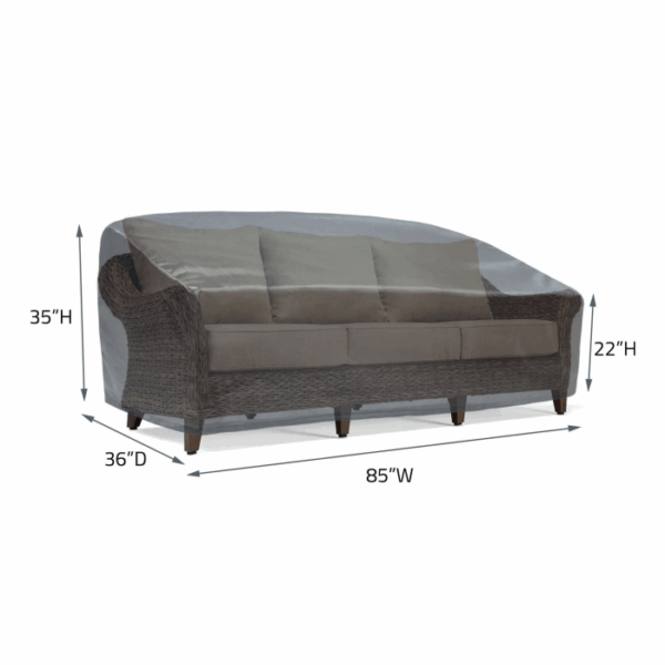 The Sofa Cover is shown protecting an outdoor wicker sofa with three cushions. The labeled dimensions are 85 W x 36 D x 35 H, with a seat height of 22. The cover appears semi-transparent in the image.