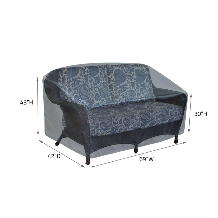 An Extra Large Sofa Cover protects a blue patterned wicker loveseat. The loveseat measures 43 high, 42 deep, and 69 wide; the front of the cover is 30 high.