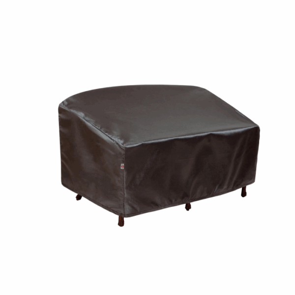 The Extra Large Sofa Cover, in dark brown with a smooth, slightly shiny surface, fits snugly over a loveseat to protect it from dust and weather.