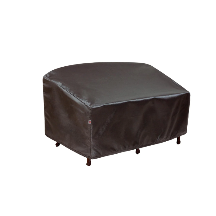 The Extra Large Sofa Cover, in dark brown with a smooth, slightly shiny surface, fits snugly over a loveseat to protect it from dust and weather.