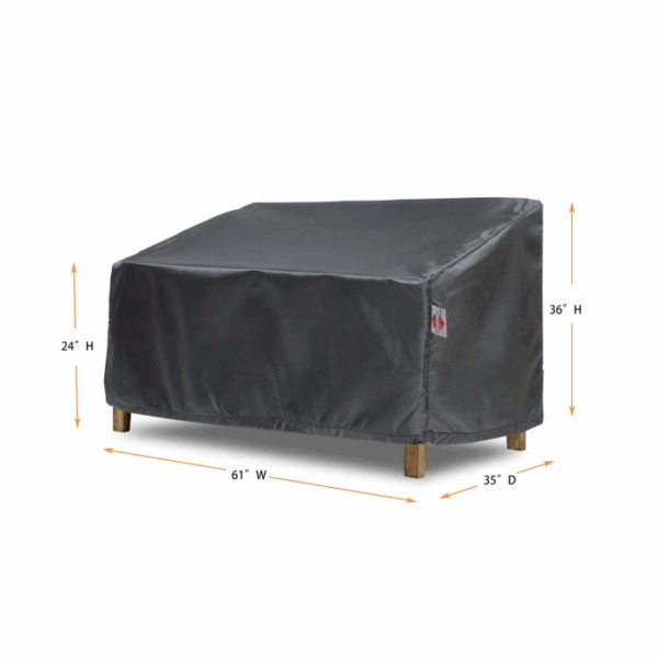The Wide Loveseat Cover in black is shown placed over a loveseat, with orange arrows and measurements: 24 high (left), 36 high (right), 61 wide, and 35 deep.