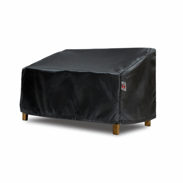The Wide Loveseat Cover, in black, fits over a two-seater outdoor bench with wooden legs, protecting it from dust and weather elements.