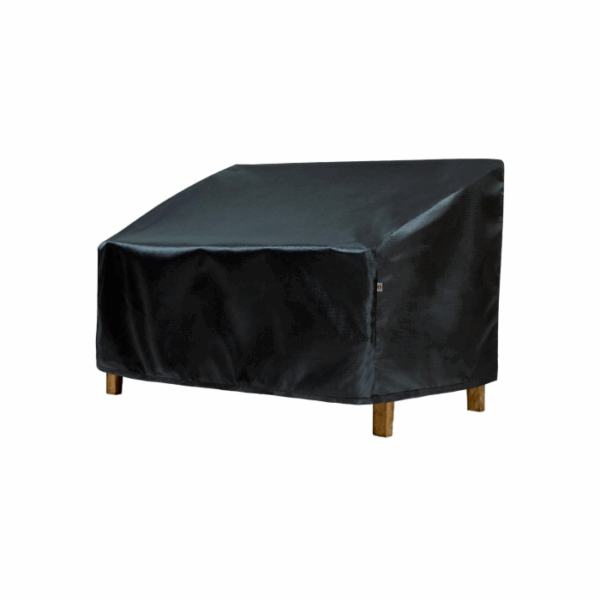 A Loveseat Glider Cover in black fully shields a wooden outdoor bench. The protective cover is draped over the bench, with a plain white background.