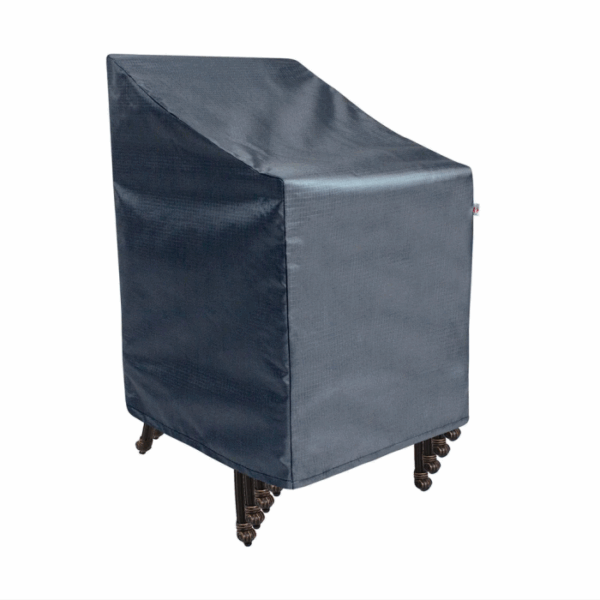 The Stacking Chair/Barstool Cover in dark gray fully encloses a high-backed outdoor chair, extending down to partially cover the legs, which remain visible at the bottom.