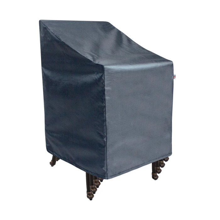 The Stacking Chair/Barstool Cover in dark gray fully encloses a high-backed outdoor chair, extending down to partially cover the legs, which remain visible at the bottom.