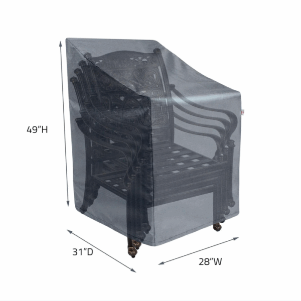 A Stacking Chair/Barstool Cover in black protects a stack of outdoor chairs; dimensions: 49H x 31D x 28W.