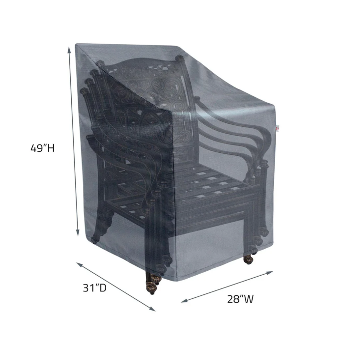 A Stacking Chair/Barstool Cover in black protects a stack of outdoor chairs; dimensions: 49H x 31D x 28W.